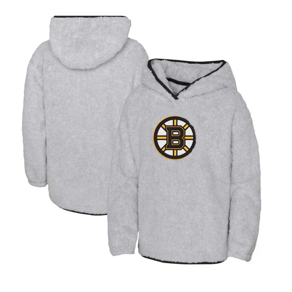 NHL Boston Bruins Girls XL 16 Sherpa Hoodie Gray Plush Pullover Fleece Logo